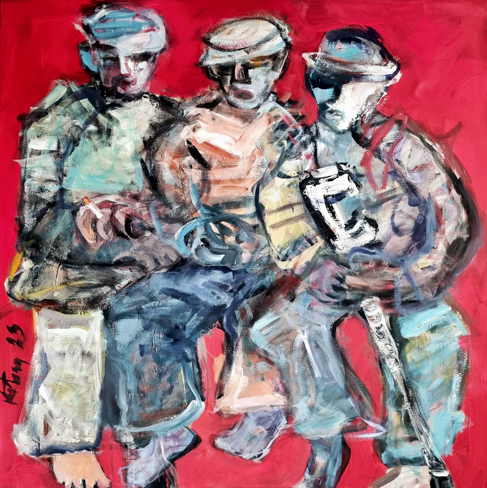 Kalhoty rozřepené..., akryl na plátne 100x100 cm